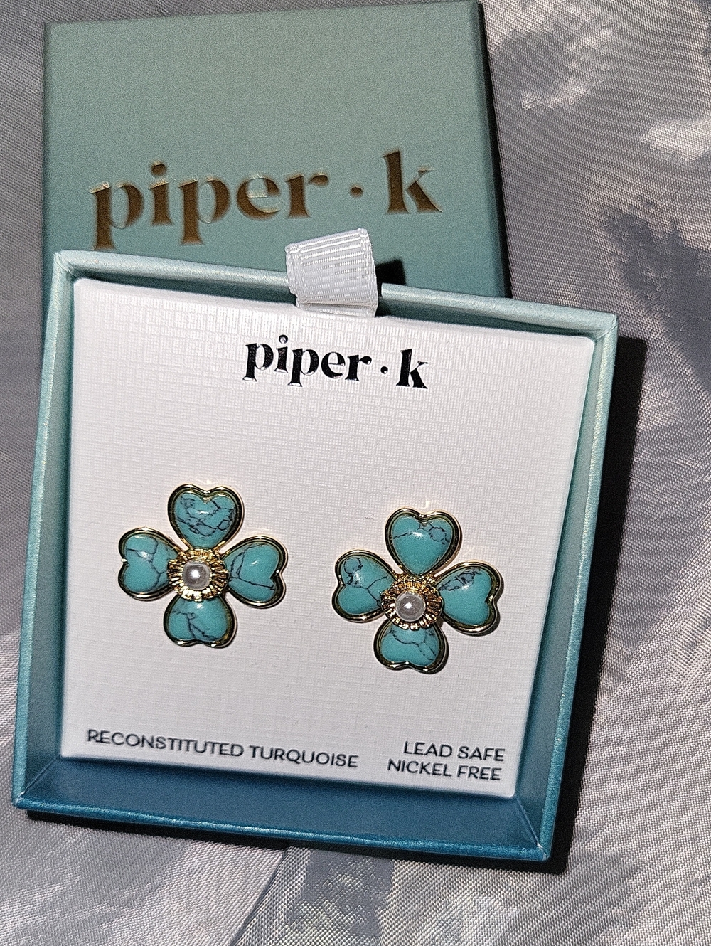 Piper K Turquoise Flower Heart Petal Stud Earrings with Gold PEARL Accent TL M